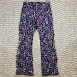 KDNK Jeans Mens 30 Purple Floral Tapestry Cargo Pants Sunflower Fringe Trim